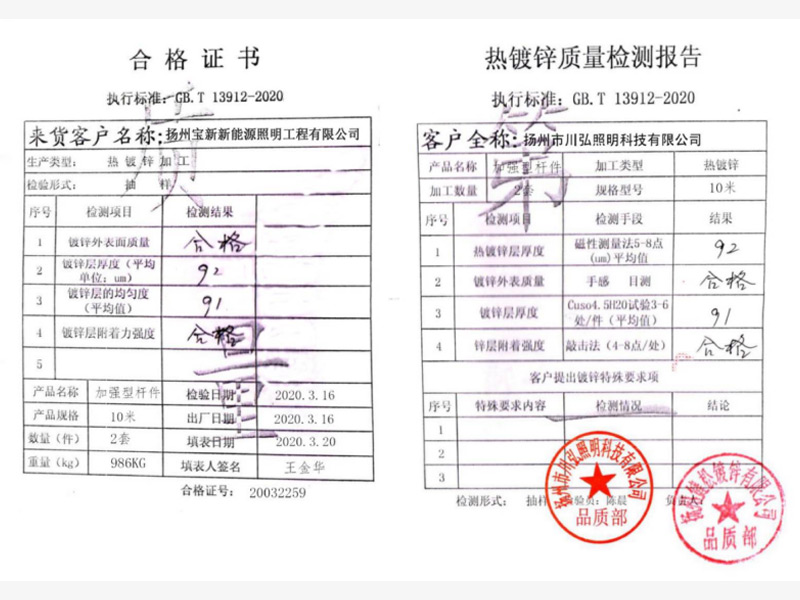 热镀锌质量检测证书